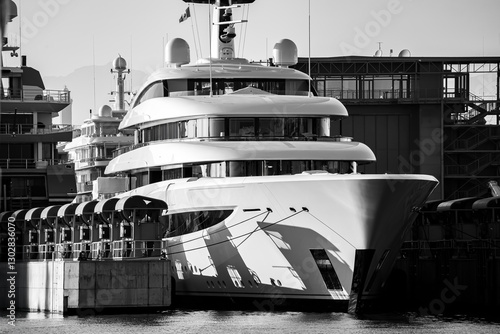 Black and white image of large megayacht or superyacht in large Shipyard located in Genova, Italy, with scaffolding for ongoing large repair and maintenance work