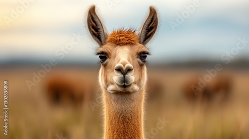 A charming portrait of a llama in a serene natural landscape, capturing the beauty of wildlife and the tranquility of its surroundings. photo