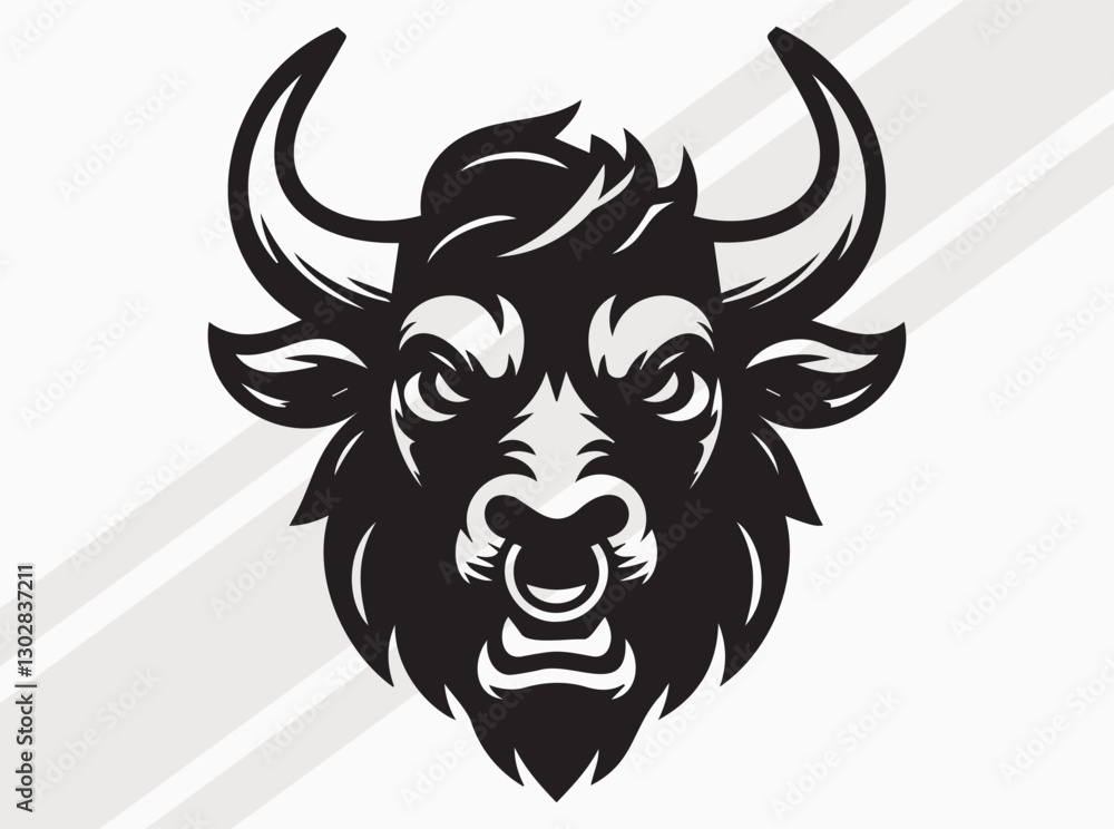 Fototapeta premium Angry Bull Face Silhouette with Fierce Expression and Powerful Stance in Bold Dark Design