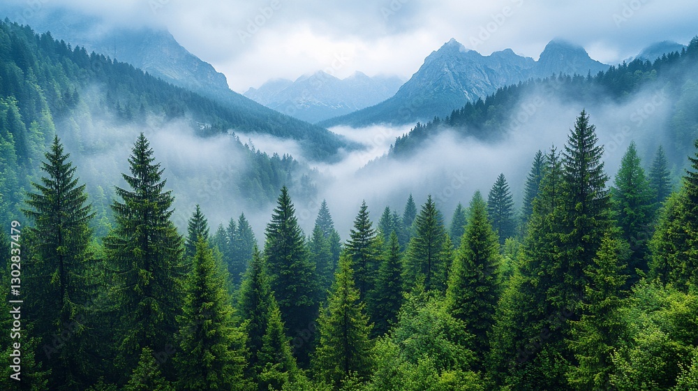 Misty mountain valley with evergreen forest. (1) Misty mountain valley with evergreen forest. (1)