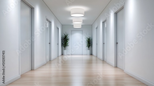 This image showcases a clean and modern hallway featuring bright lights, contemporary design, and minimalistic decor, perfect for commercial or residential use.