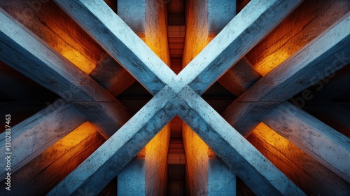 This image showcases a complex arrangement of concrete beams illuminated by warm lights, creating a striking visual contrast that highlights modern architecture.