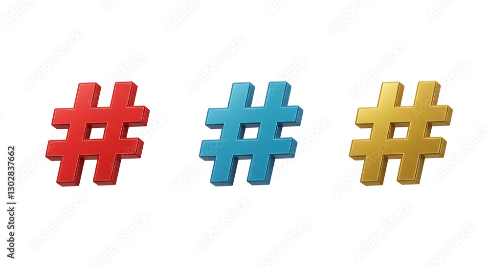 Obraz premium Three Dimensional Hashtag Icons Red Blue Gold 3D Render Social Media Marketing Digital web set sign 