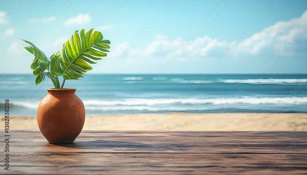 Obraz premium Serene beachfront with wooden deck and clay pot plant
