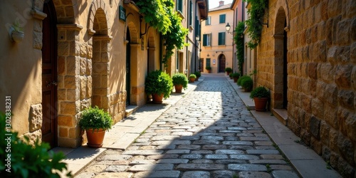 Sun-drenched cobblestone lane, lined with aged stone buildings and vibrant green potted plants, creates a picturesque European street scene.