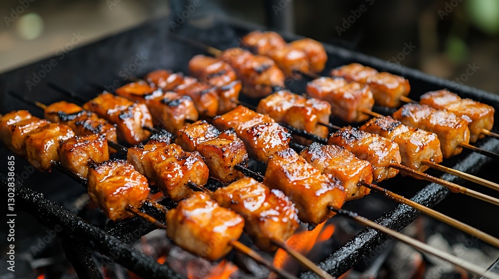 Delicious grilled pork skewers on barbecue. Delicious grilled pork skewers on barbecue.