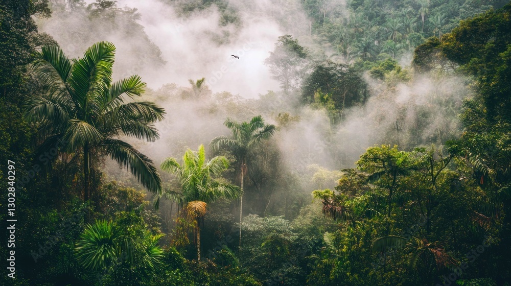 Fototapeta premium Lush Tropical Rainforest Canopy with Fog and Bird Flying Above
