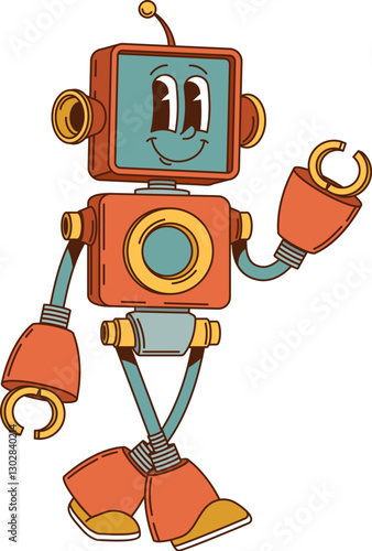 Orange robot and cyborg groovy funny character. AI virtual assistant droid cartoon cute character, chatbot robot isolated vector 60s vintage funny character. Alien cyborg android retro happy personage