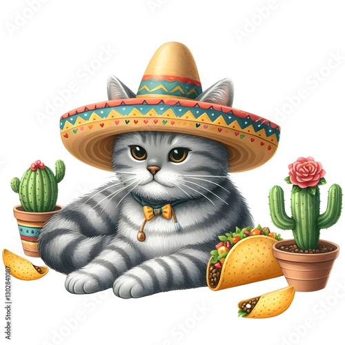 Celebratory Cat in a Mexican Sombrero Party Clipart isolated on transparent background