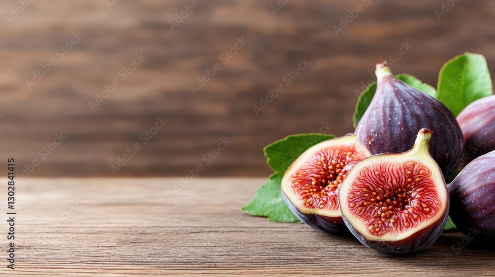 A beautifully arranged display of fresh figs alongside vibrant green leaves, depicting an inviting characteristic that highlights the simplicity and richness of natural food elements. A beautifully arranged display of fresh figs alongside vibrant green leaves, depicting an inviting characteristic that highlights the simplicity and richness of natural food elements.