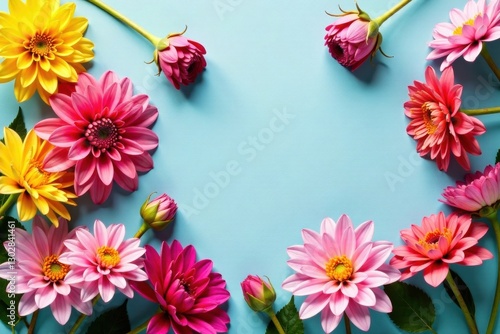 Vibrant Floral Arrangement A Delightful Display of Pink, Yellow, and Coral Blossoms on a Light Blue Background