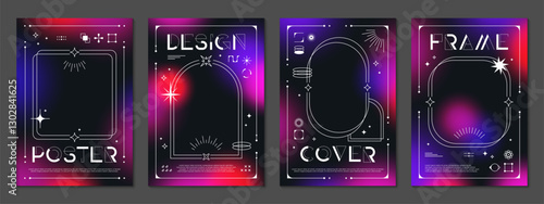 Gradient y2k posters, cover and frame vector templates with abstract line geometric shapes and minimal art aesthetic elements. Y2k purple gradient posters with blur effects and geometric line frames