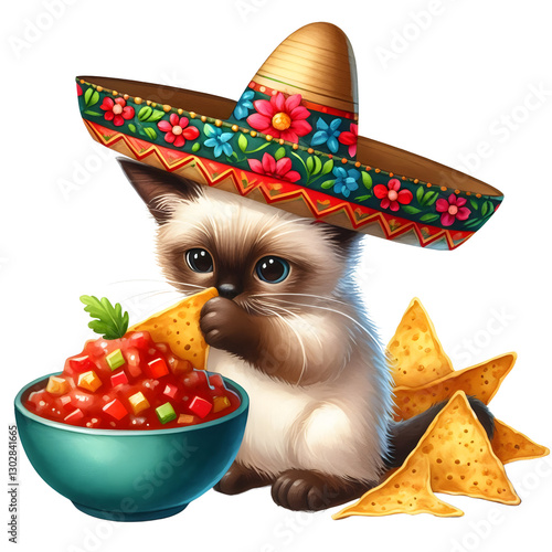 Celebratory Cat in a Mexican Sombrero Party Clipart isolated on transparent background