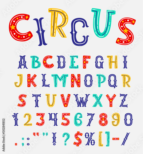 Funny circus font, cute colorful typeface, cartoon kids toy type, doodle english alphabet with vector pattern of stars. Funny letters and numbers typography set, circus and funfair carnival font abc