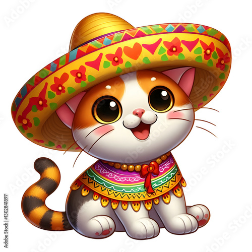 Celebratory Cat in a Mexican Sombrero Party Clipart isolated on transparent background