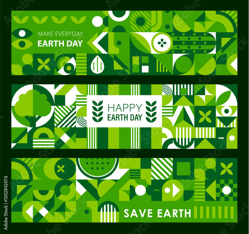 Earth day banners with green ecology geometric shapes. Save the world environmental posters with modern modular mosaic pattern. Vector horizontal cover or layout templates for April 22 celebration