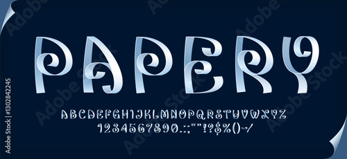 Ribbon paper font, origami type, 3d white typeface, modern english alphabet letters and numbers. Vector typography japanese art craft font abc set of folded paper characters with white ribbon swirls