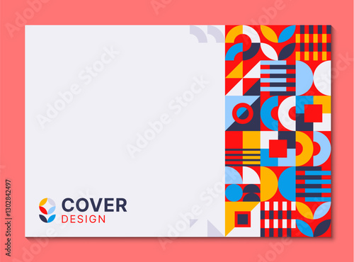 Abstract poster with geometric shapes and patterns. Vector background, cover template with retro minimal geometry figures, forms and vibrant colors for exhibit art, magazine, journal, album designs