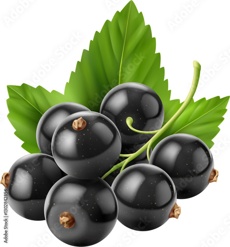 Realistic fresh black currant with glossy skin, tiny brown stems, and vibrant green leaves. 3d vector juicy and appetizing bunch of berries appear plump and ripe, reflecting light for a natural sheen