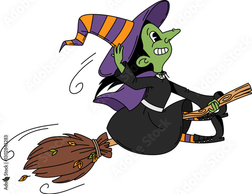 Cartoon groovy Halloween witch flying on broomstick for horror holiday, vector character. Halloween cartoon boo character of funny groovy green witch in hat with spooky silly face flying on broom
