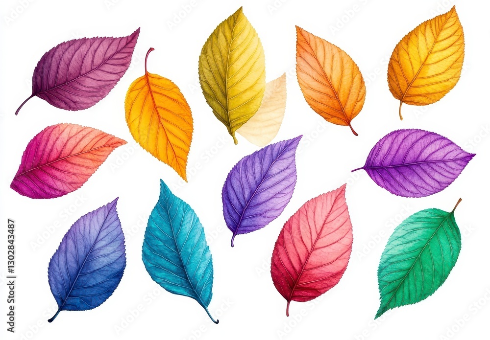 Obraz premium Colorful Watercolor Leaves Collection in Various Shapes and Colors