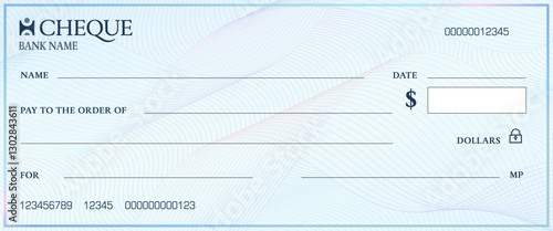 Bank cheque template with watermark. Blank chequebook check vector mockup with blue guilloche pattern background. Finance payment document, bank cheque, money certificate, voucher with wavy watermark