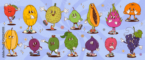 Cartoon retro groovy tropical fruit characters with funny faces and smiles, vector comic emoji. Groovy tropical papaya with funky fig and freaky durian with happy tangerine and grape in retro cartoon