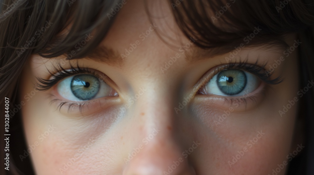 Fototapeta premium Gray eyes of a young woman, filled with depth, with a soft light
