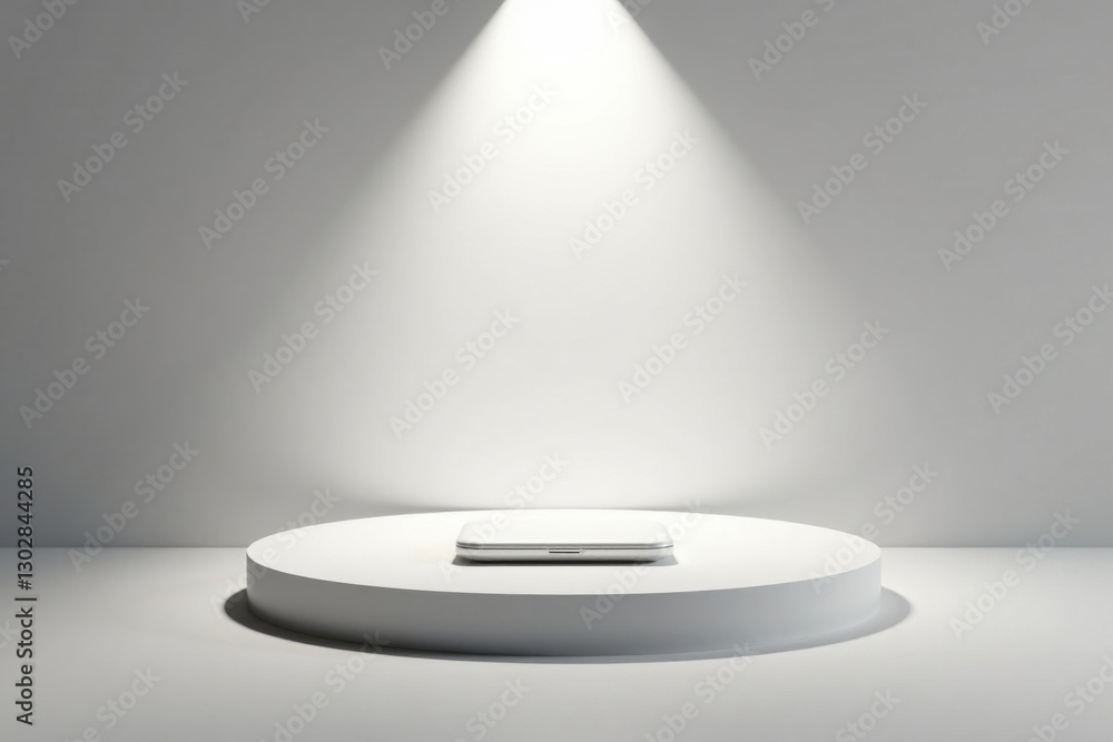 Fototapeta premium A sleek, closed portable device rests on a minimalist circular platform, illuminated by a single spotlight in a bright, clean studio setting.
