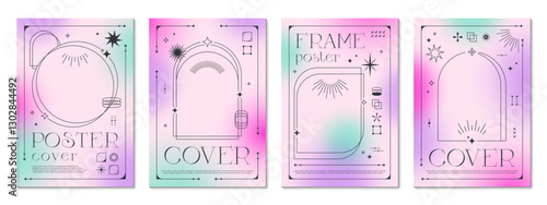 Light gradient y2k posters. Aesthetic backgrounds with abstract shapes, minimalistic geometric and celestial elements, including orbits, stars and abstract frames, modern and elegant vector templates