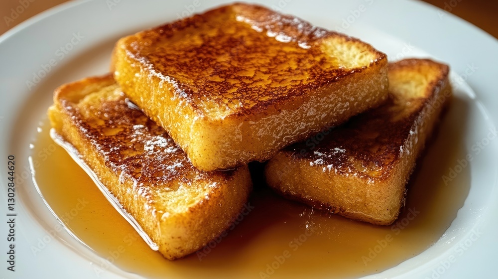 A plate of French toast stacked high, drizzled with syrup, A plate of French toast stacked high, drizzled with syrup,