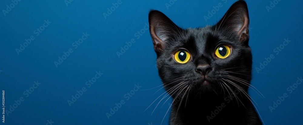 Black cat with yellow eyes on a blue background banner, with copy space for text. This banner design could be used for a magazine cover Black cat with yellow eyes on a blue background banner, with copy space for text. This banner design could be used for a magazine cover
