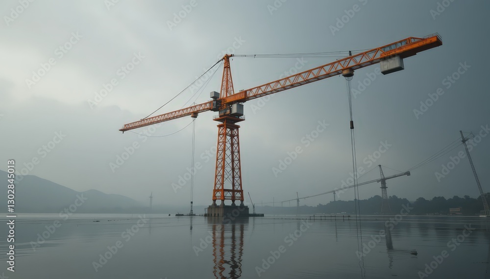 Orange Crane by the Lake: A Construction Site's Serene Reflection Orange Crane by the Lake: A Construction Site's Serene Reflection
