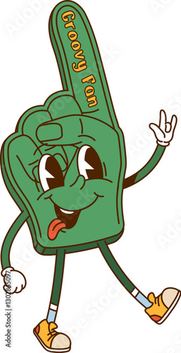 Cartoon retro groovy fan glove sport character. Vector green foam finger personage waving its hand with quirky expression, sticking out tongue and nostalgic vibe, exuding excitement and team spirit