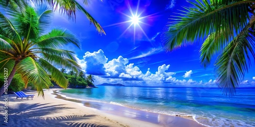 Fototapeta Naklejka Na Ścianę i Meble -  beach, palm, tropical, sea, ocean, summer, island, travel, vacation, holiday, relax, resort, nature, sand, water, paradise, tree, sky, coconut, coast, palm tree, caribbean, sun, landscape, seascape