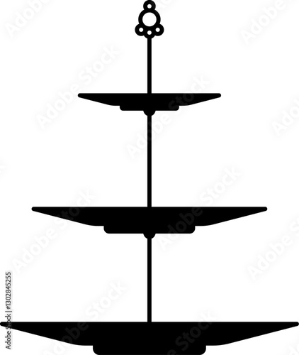 Cake or pie platter, stand and tray silhouette. Vector black three tiered serving table or tea plate for presenting desserts, pastries, fruits or snacks during festive celebrations, wedding ceremonies