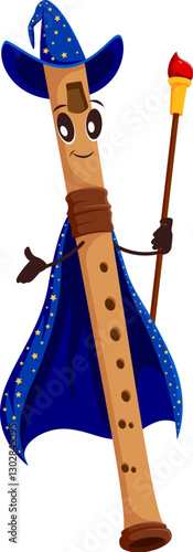 Cartoon flute Halloween mage and wizard character. Isolated vector musical wind instrument musician personage wears blue astrologer wiz cape and hat, holding magic wand with smiling face making spell