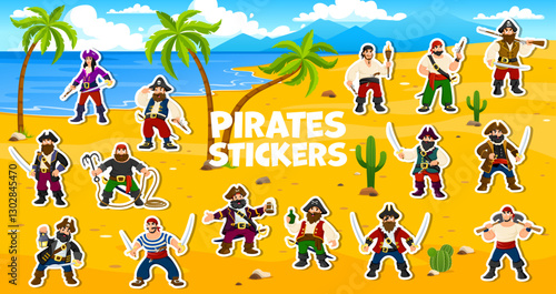 Stickers pack of cartoon pirate and corsair characters. Vector patches with funny rovers. captain, sailor, boatswain and swashbuckler with female pirate queen on secret island beach with palm trees