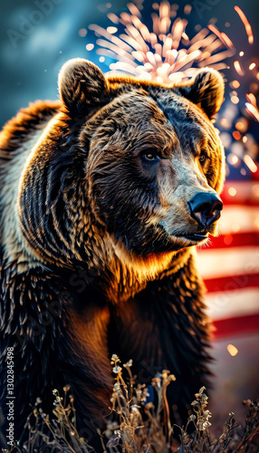Patriotic American USA Animal, majestic patriotic American Grizzly Bear, American flag, red blue and white, stars and stripes, America colours, fireworks, Festive Independence Day Concept, Memorial