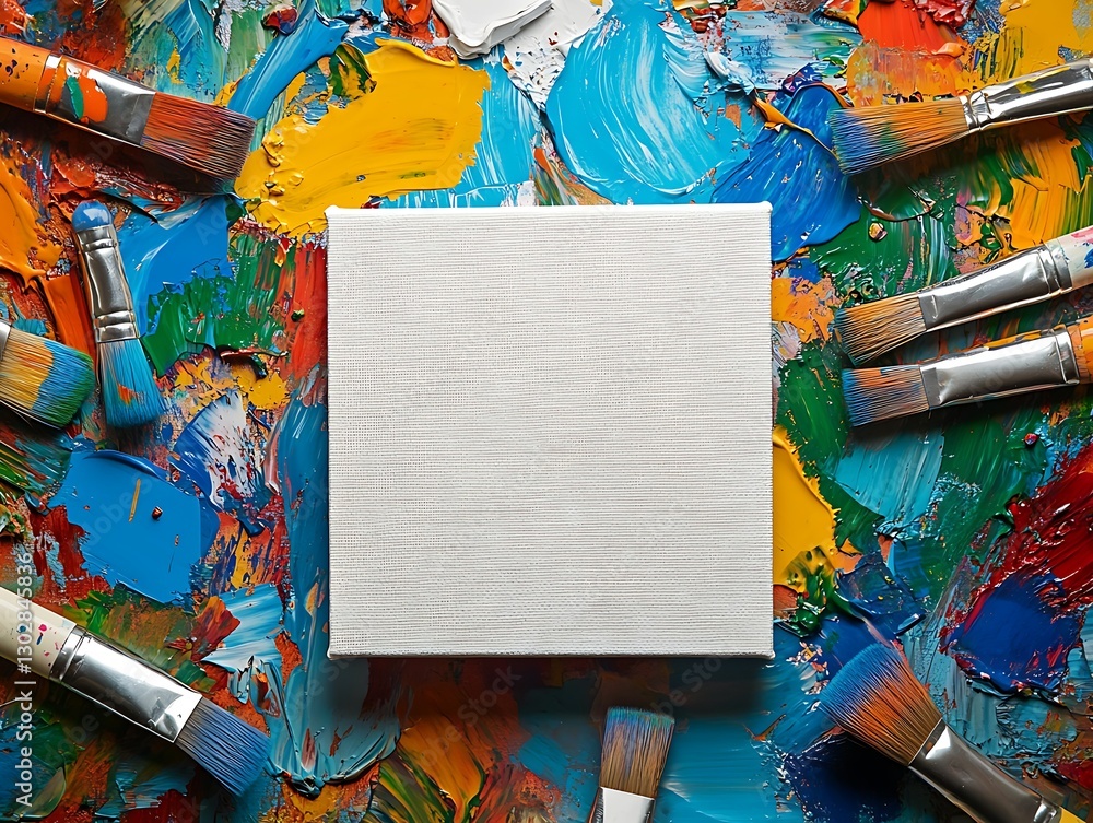 Canvas amid paint and brushes Canvas amid paint and brushes