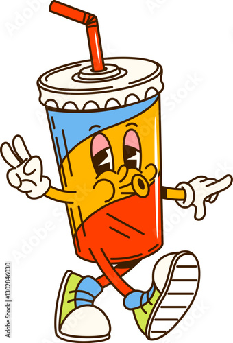 Cinema movie cartoon groovy soda drink character. Cinema takeaway drink 60s 70s groovy vector personage, movie or video watching entertainment soda disposable cup with straw and lid cute mascot