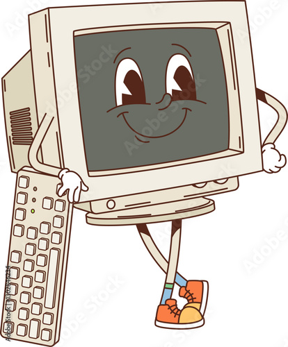 Cartoon groovy computer character. Vector pc monitor personage in playful pose leaning on keyboard, capturing the nostalgic charm of vintage electronics with its old school screen and expressive face