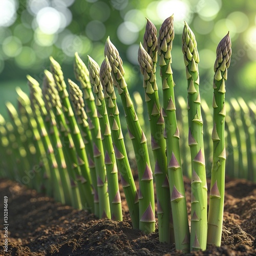 Fresh Green Asparagus Spears Growing in Rich Dark Soil with Purple Tips