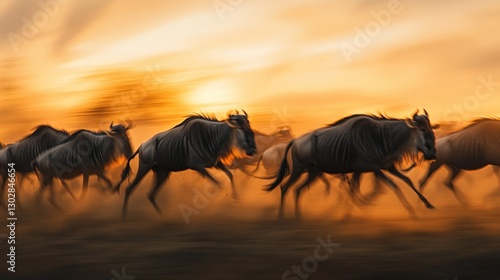 Wildebeest Migration Through The Golden Plains of Africa at Sunset