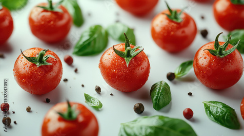 Closeup of Fresh Red Cherry Tomatoes with Basil and Peppercorns on White Background