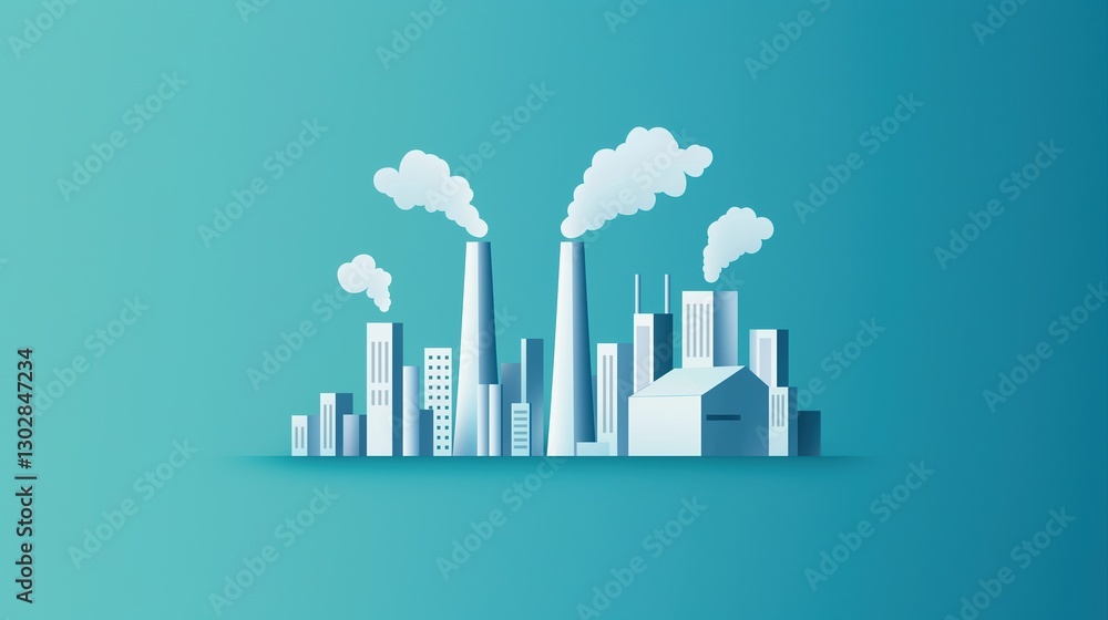 Fototapeta premium Modern Industrial Scene Representing Renewable Energy with Smokestacks and Clouds in a Clean Environment