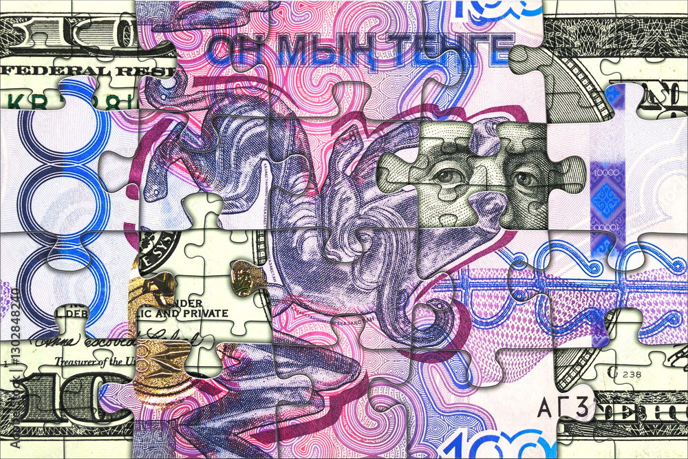 Obraz premium Puzzle of 10000 tenge banknote and 100 dollars banknote