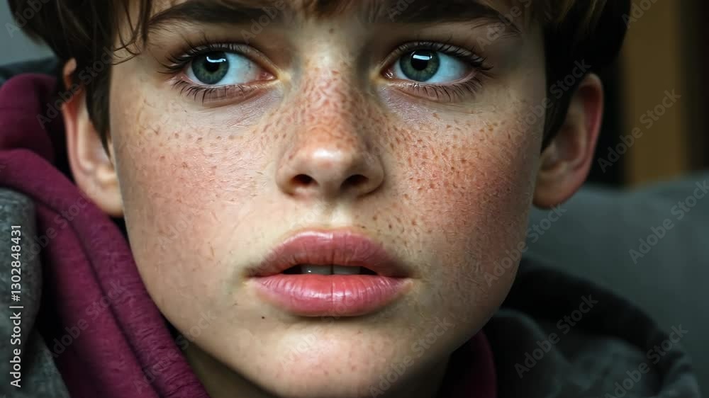 Young person with freckles gazing thoughtfully while sitting indoors in casual attire Young person with freckles gazing thoughtfully while sitting indoors in casual attire