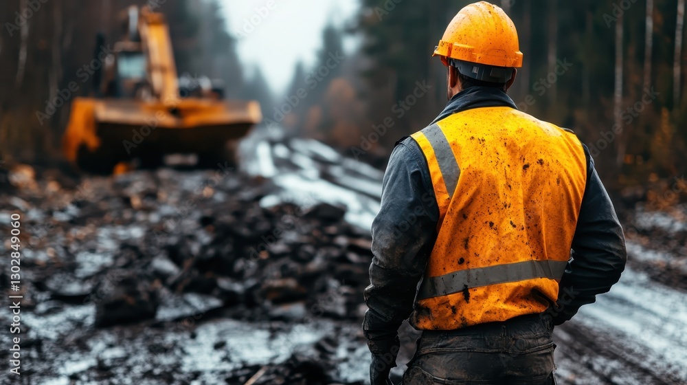 A construction worker in an orange safety vest stands at a muddy worksite, gazing at the heavy machinery among trees, showcasing human effort in nature and industry. A construction worker in an orange safety vest stands at a muddy worksite, gazing at the heavy machinery among trees, showcasing human effort in nature and industry.
