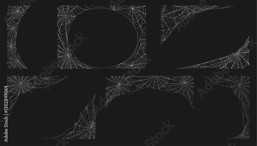 Halloween cobweb frame decorations. Halloween holiday creepy spider web, spiderweb sticky trap corner. Horror hanging cobweb isolated vector design element or scary tangled web frame borders set